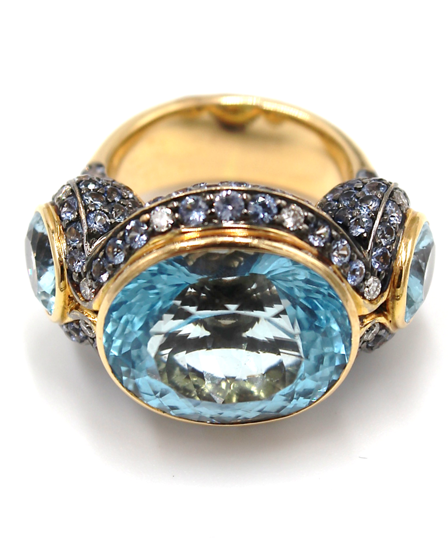 Large 18k Rose Gold Oval Blue Topaz Three Stone Ring with Sapphires & Diamonds