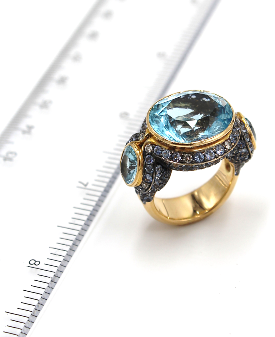 Large 18k Rose Gold Oval Blue Topaz Three Stone Ring with Sapphires & Diamonds