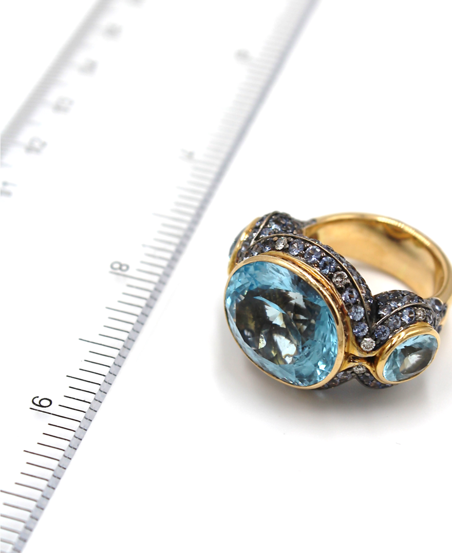 Large 18k Rose Gold Oval Blue Topaz Three Stone Ring with Sapphires & Diamonds