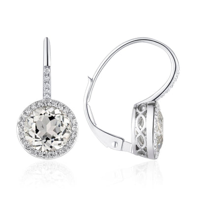 14K White Gold Drop Earrings with 1.40 Carat White Topaz and 0.13 Carats Round Diamonds