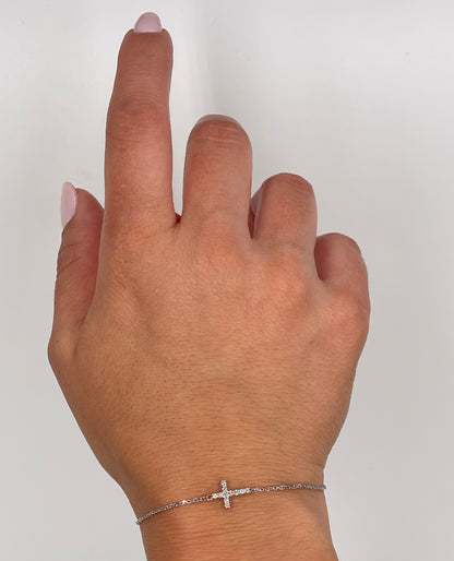 14K White Gold Diamond Cross Bracelet