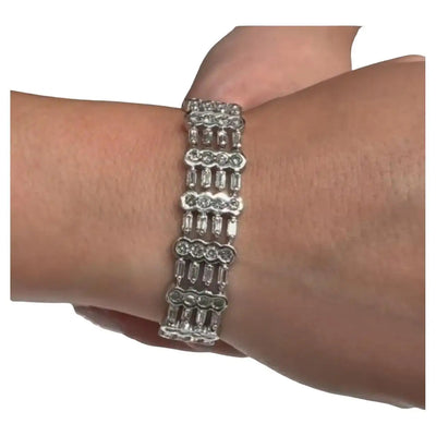 Vintage 18K White Gold Wide Multi-row Bracelet 9.88 Carat Round & Baguette Natural Diamonds