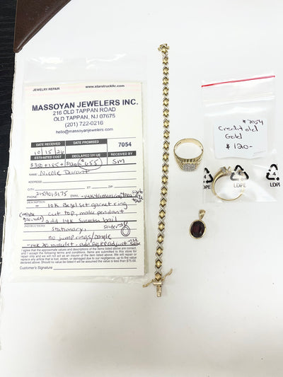 Repair: 1) 14K yellow gold ring, size to 9.5 (tight) ($120), 2) 10k bezel set garnet ring, cut top and make into pendant, add 14K smooth bail ($350), 3) 14K XO bracelet, add figure 8 lock and adjust clasp ($185), 4) Return old setting