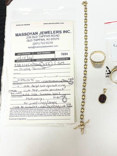 Repair: 1) 14K yellow gold ring, size to 9.5 (tight) ($120), 2) 10k bezel set garnet ring, cut top and make into pendant, add 14K smooth bail ($350), 3) 14K XO bracelet, add figure 8 lock and adjust clasp ($185), 4) Return old setting