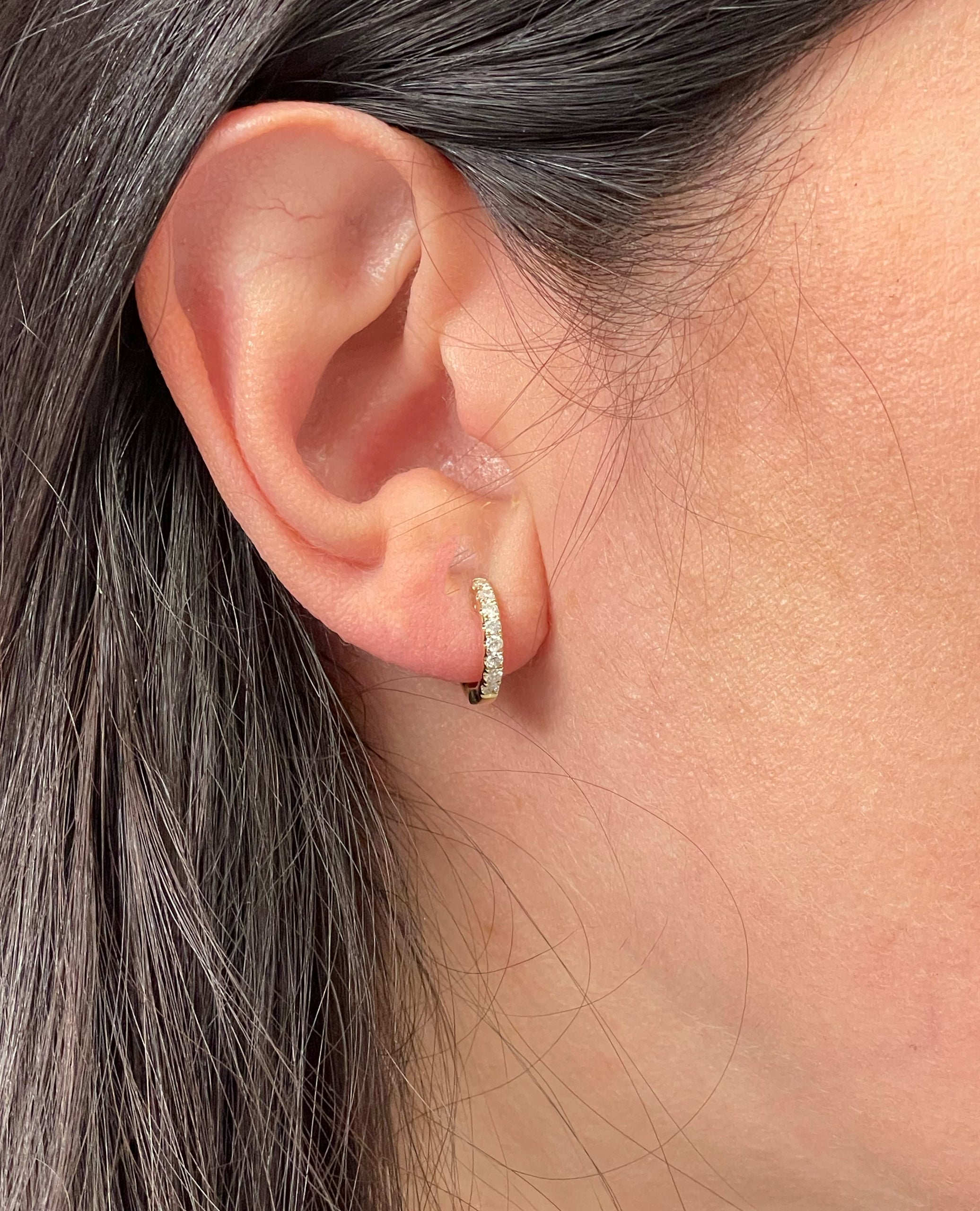 14K Yellow Gold Huggie Hoop Diamond Earrings