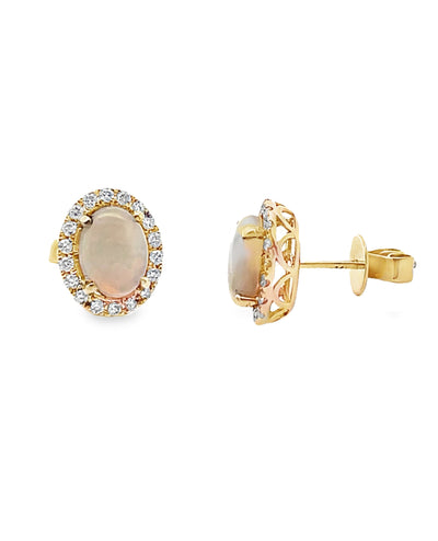14K Yellow Gold Oval Opal & Round Diamond Stud Earrings