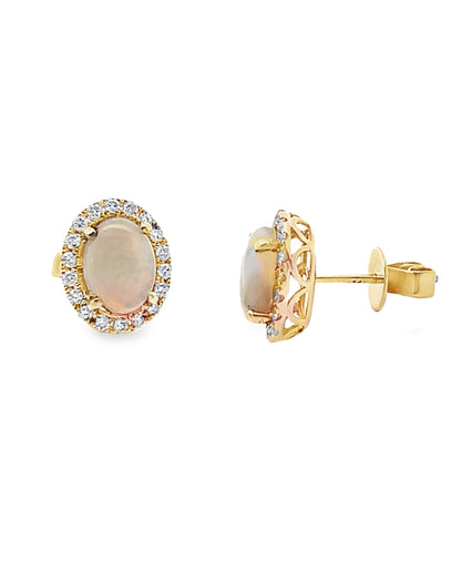 14K Yellow Gold Opal & Diamond Stud Earrings