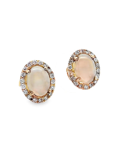 14K Yellow Gold Opal & Diamond Stud Earrings