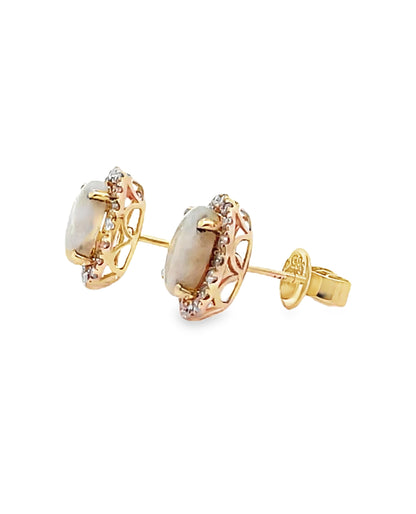 14K Yellow Gold Opal & Diamond Stud Earrings