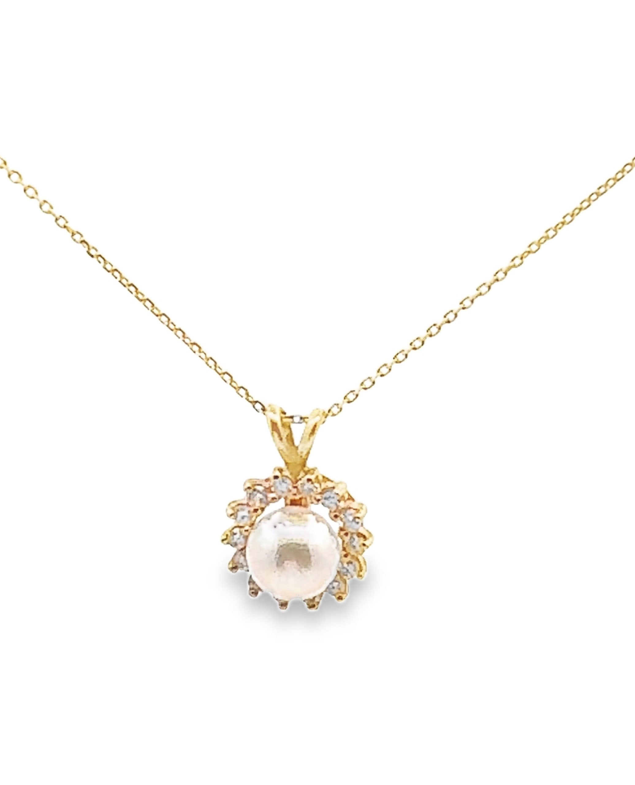 14K Yellow Gold Pearl & Diamond Pendant Necklace