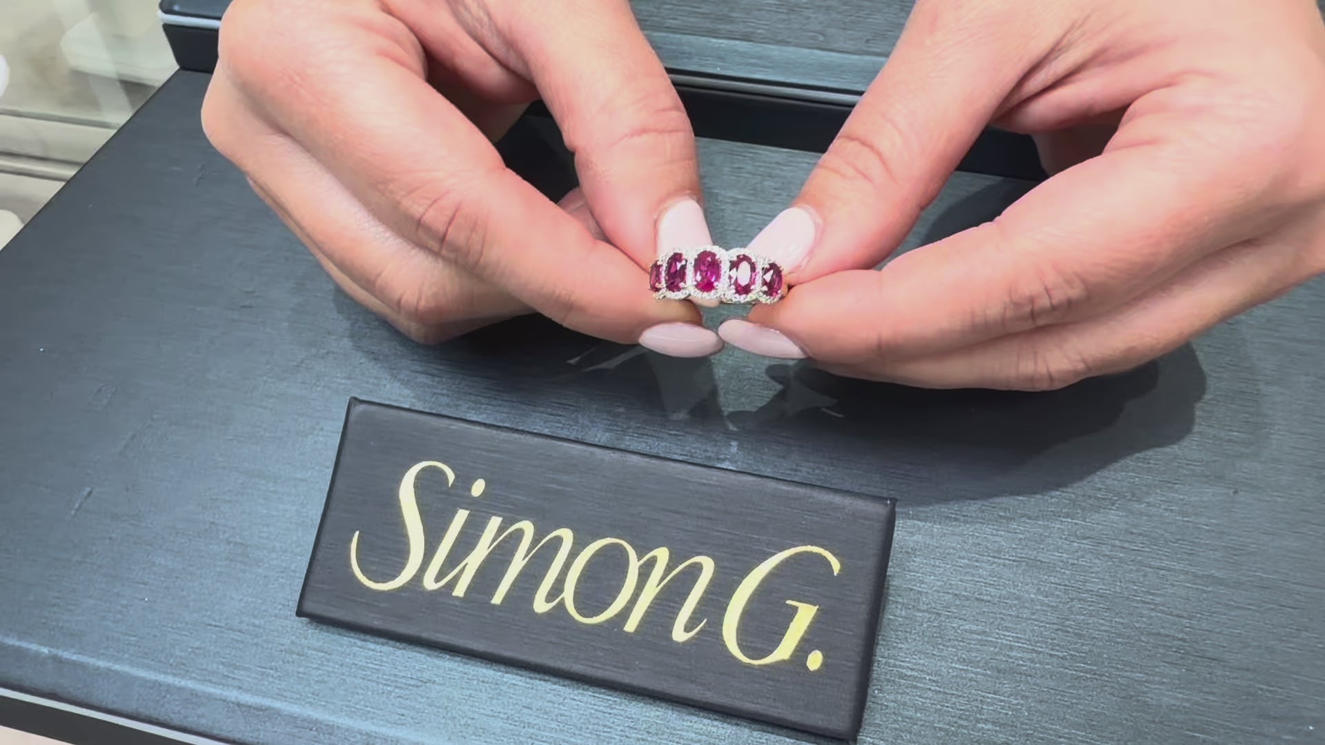 Load video: Simon G. MR2744 18K Gold Two Tone Ruby and Diamond Ring