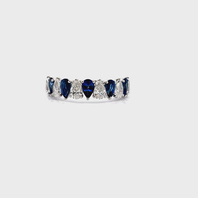 18K White Gold Ring with Single Row Alternating Pear Shaped Blue Sapphires 1.18 Carats and Pear Shaped Diamonds 1.19 Carats