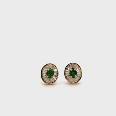 18K Yellow Gold Diamond and Emerald Stud Earrings with Pushbacks