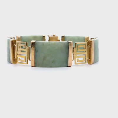 Pre-Owned Vintage 14K Yellow Gold and Jade Bracelet with Greek Key Motif