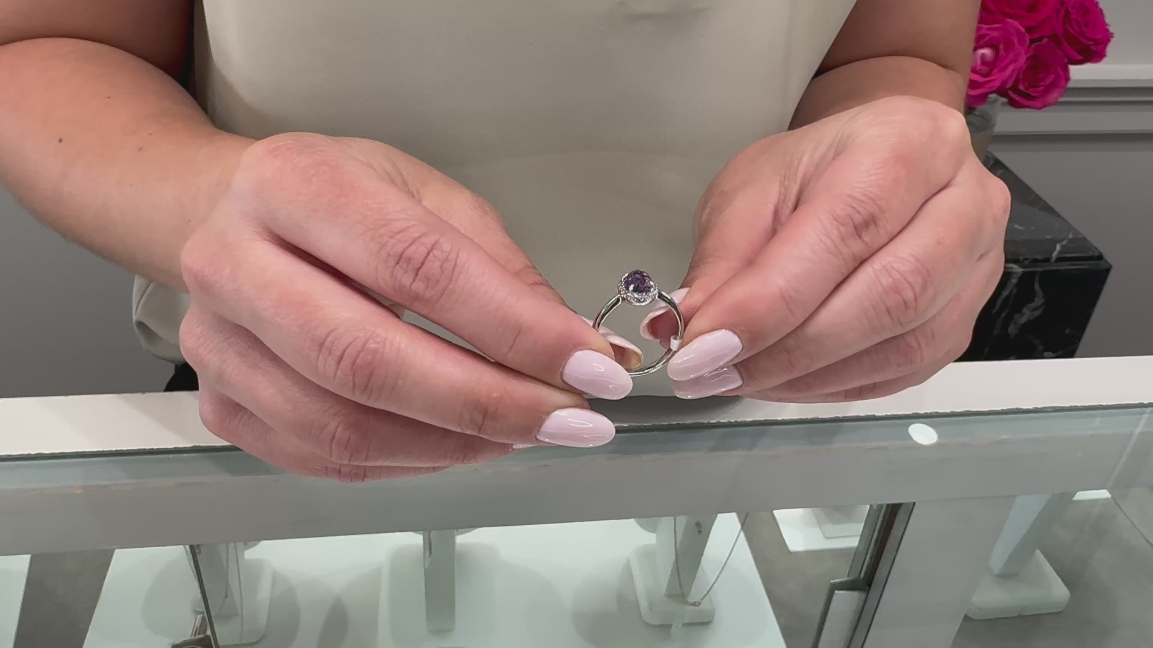 Oval Amethyst Ring with Round Diamonds in 18K White Gold Modern Setting