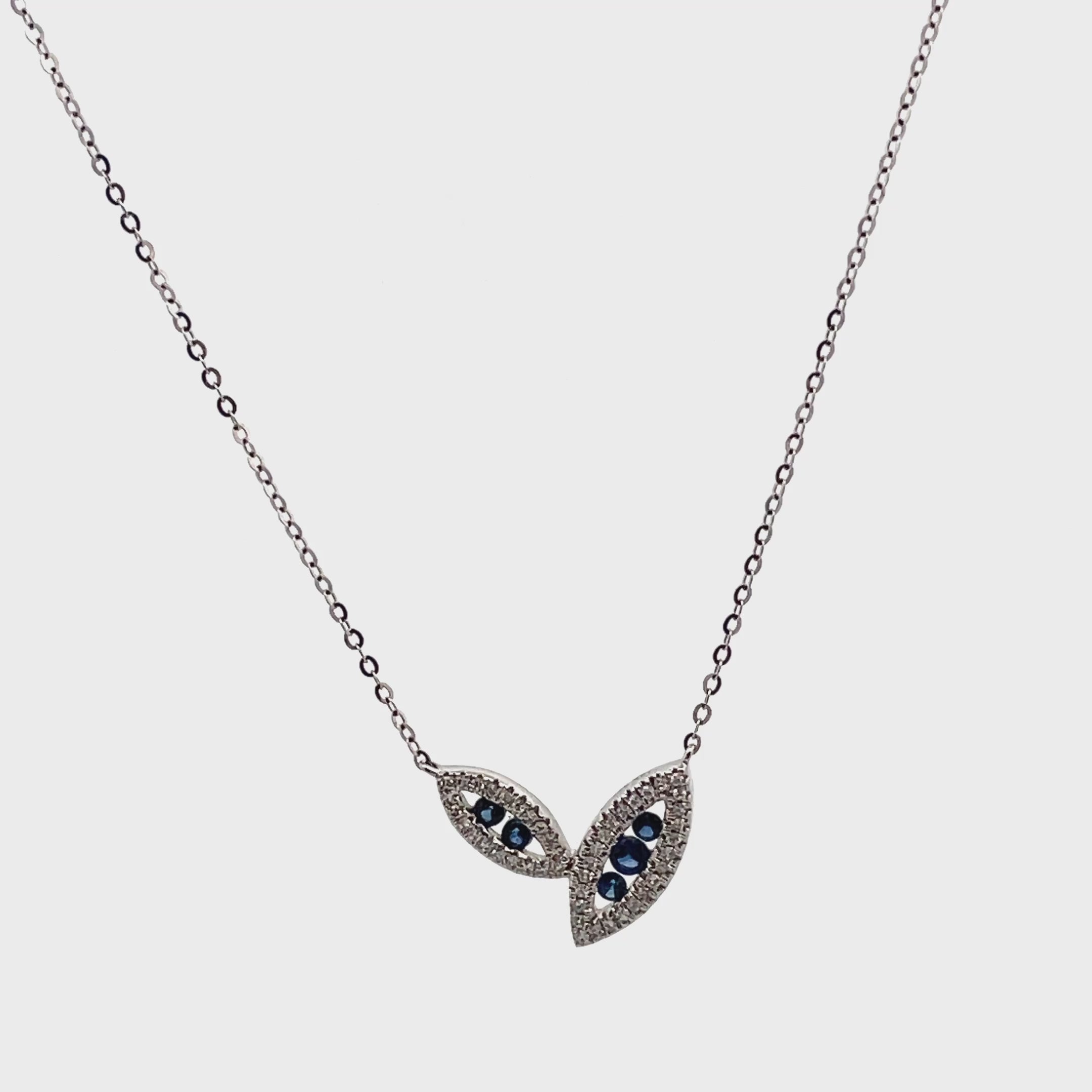 Double Leaf Asymmetric Sapphire and Diamond Necklace in 14K White Gold