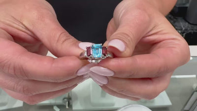 Platinum Three Stone Pink Tourmaline and Blue Topaz Ring