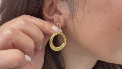 14K Yellow Gold Textured Circle Earrings with French Hooks