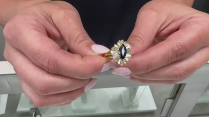Vintage 1.38 Carat Marquise Sapphire Ring with 1.35 Carat Baguette Halo Diamonds