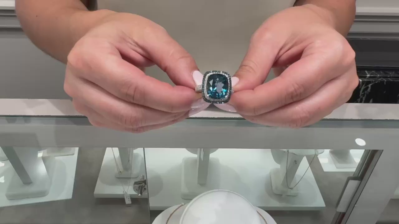 Cushion Cut London Blue Topaz Ring in 14k White Gold with Treated Blue Diamonds