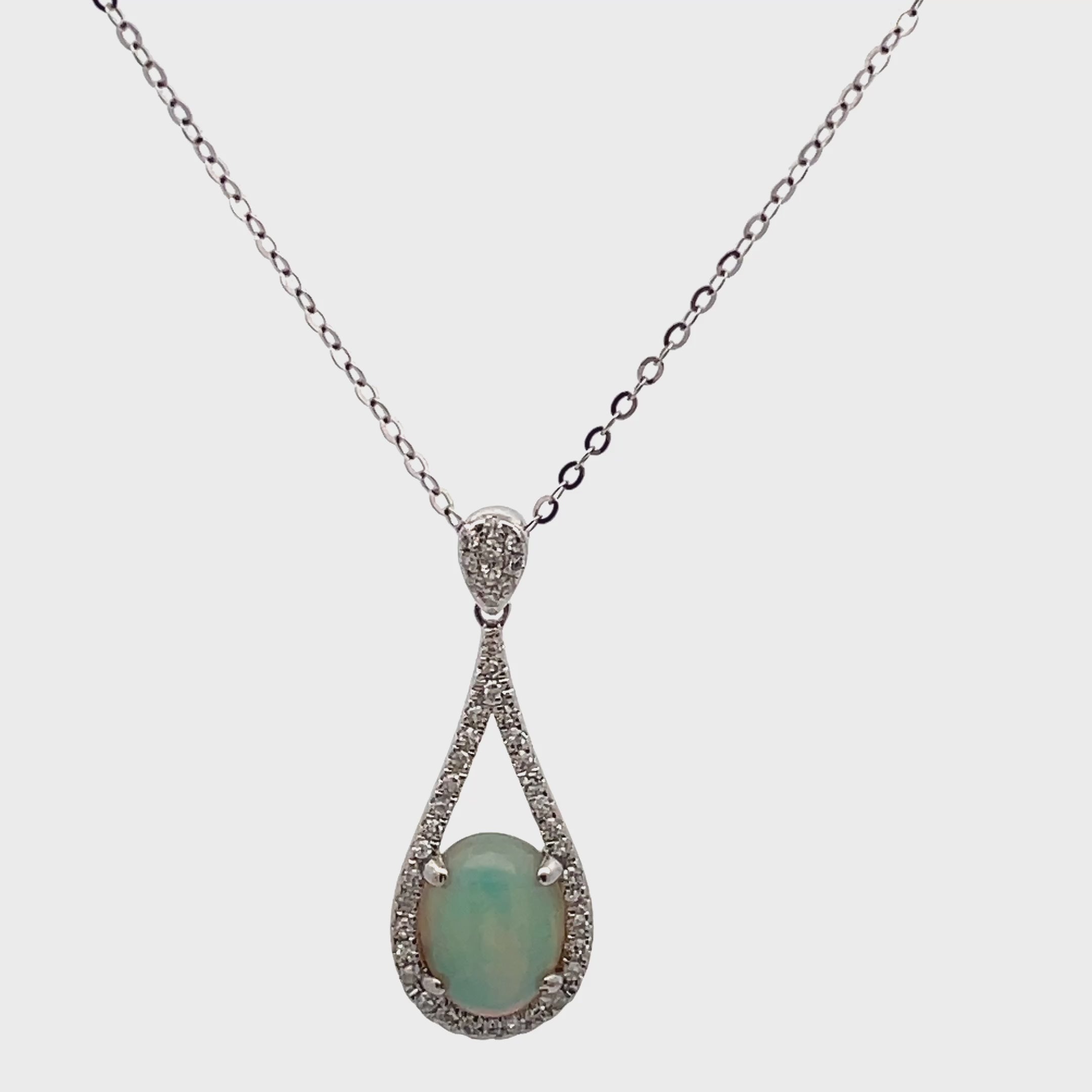 14K White Gold Opal Pendant Necklace - Adjustable