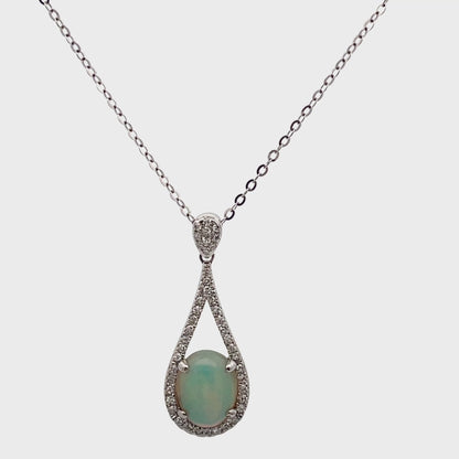14K White Gold Opal Pendant Necklace - Adjustable