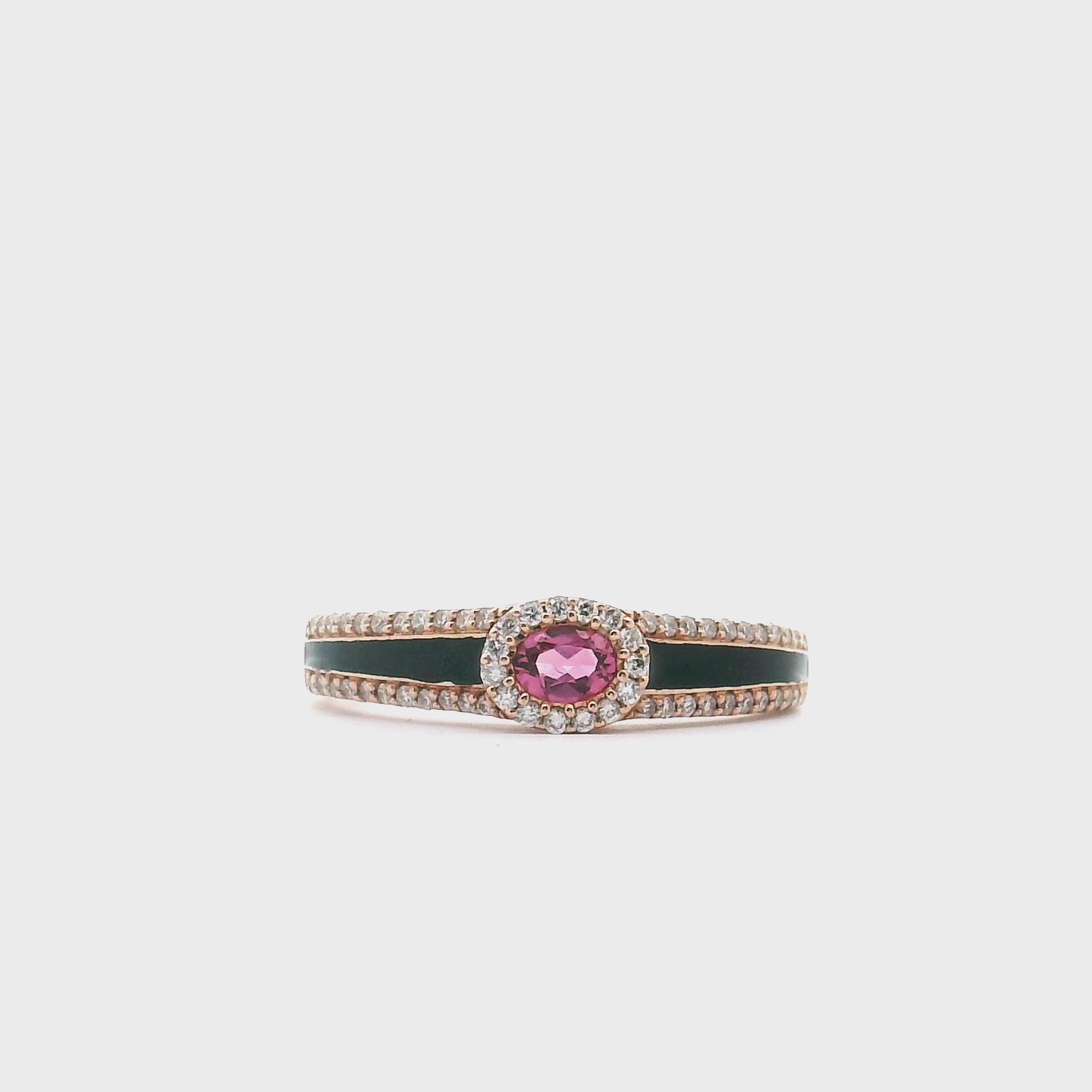 Oval Pink Tourmaline in 14K Rose Gold Ring with Black Enamel and Halo Diamonds