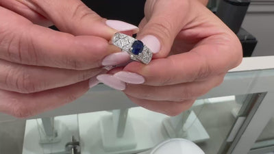 Antique Inspired Platinum Ring with Oval Sapphire & Round Diamonds