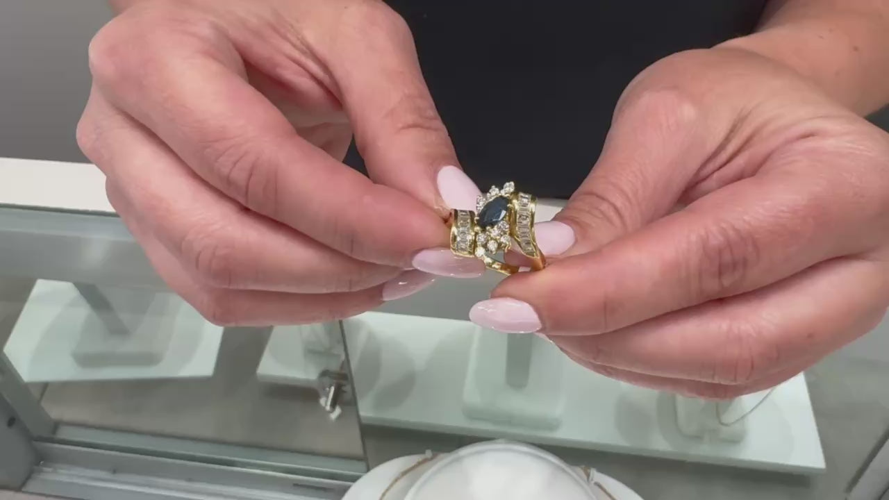 Vintage Marquise Sapphire Ring with Diamonds in 18K Gold