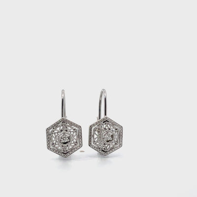 14K White Gold Antique Inspired Diamond Drop Earrings
