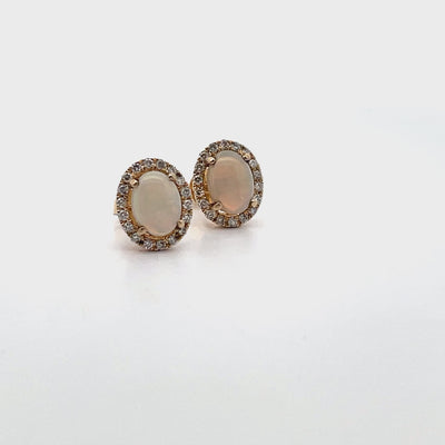14K Yellow Gold Oval Opal & Round Diamond Stud Earrings