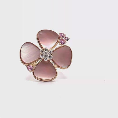 14K Yellow Gold Mother of Pearl, Pink Sapphire, & Diamond Flower Ring