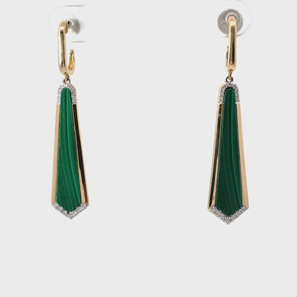 14K Yellow Gold Diamond & Malachite Dangle Earrings
