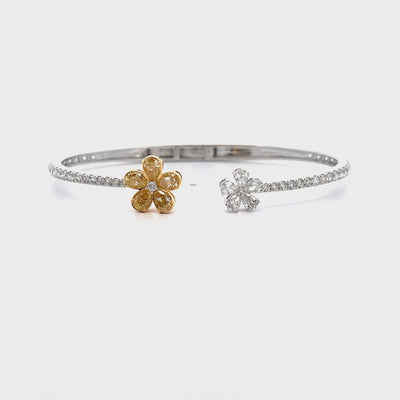18K White Gold Yellow & White Diamond Double Flower Hinged Cuff Bangle Bracelet