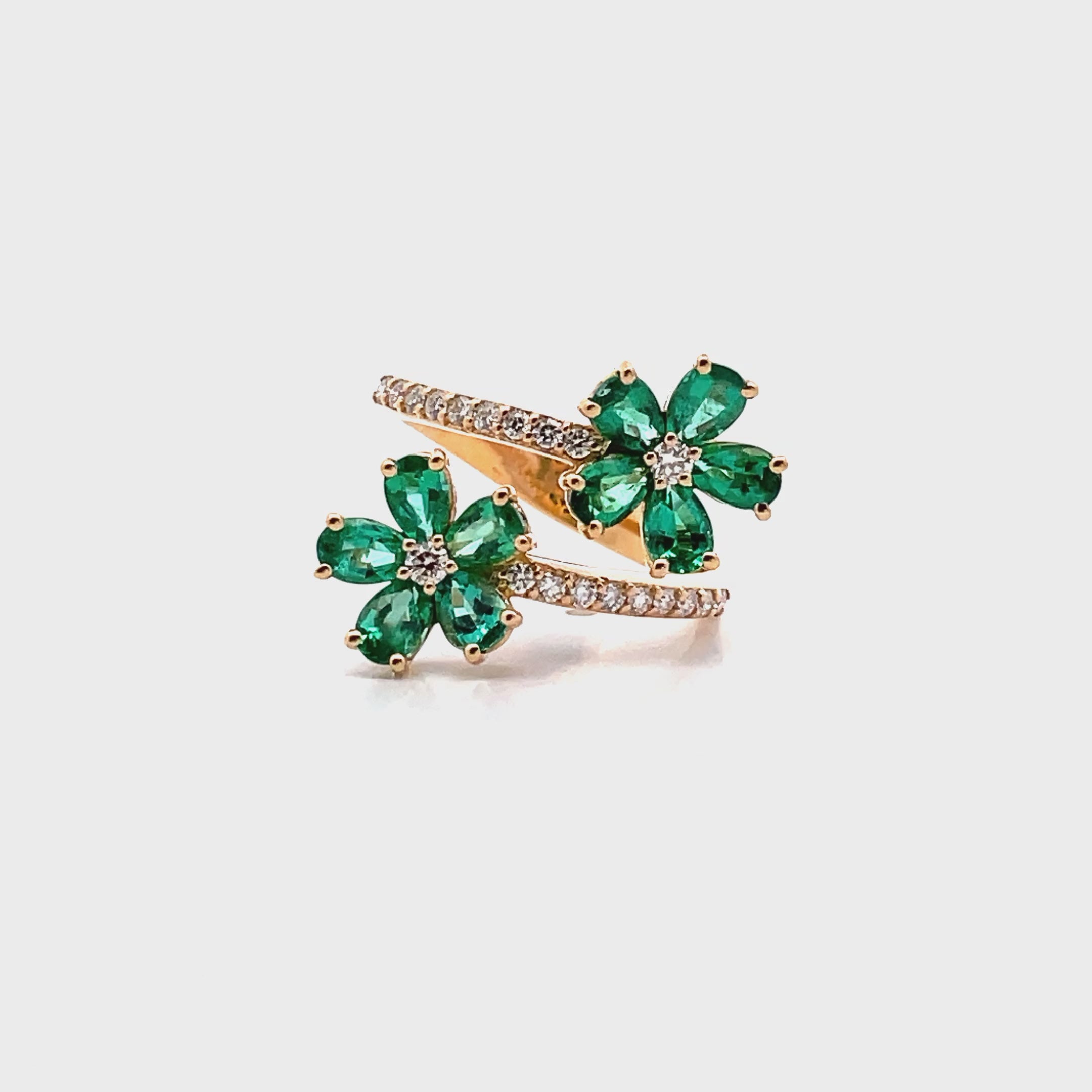 Load video: Simon G. LR4840 18K Yellow Gold Emerald Flower Bypass Ring