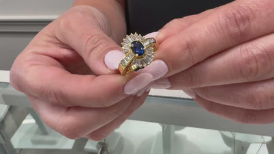 Vintage Oval Sapphire Ring with Baguette and Princess Cut Diamonds Set in 18K Gold