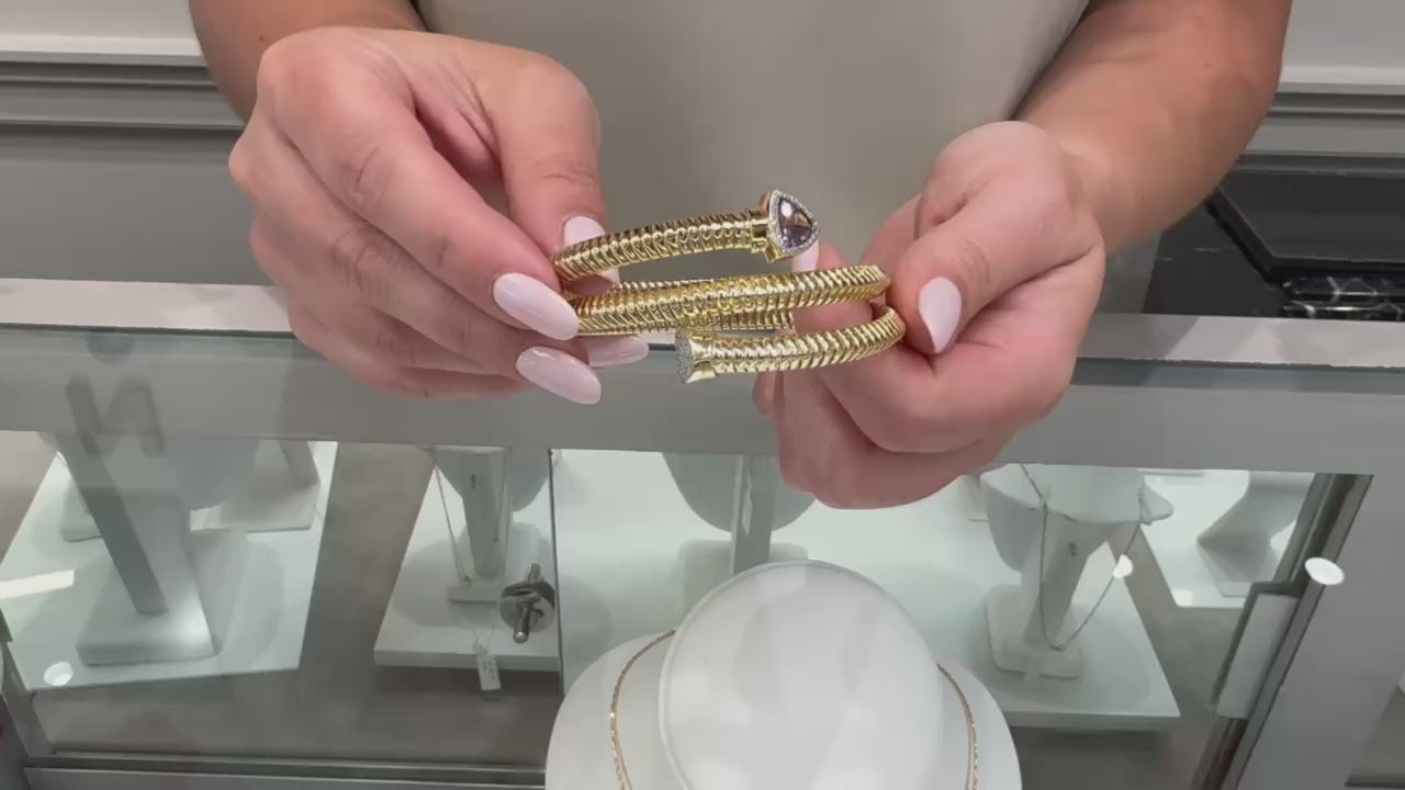 Marcello Pane Wrap Bangle Sterling Silver Bracelet with 18K Yellow Gold Overlay and Purple Triangular Cubic Zirconia