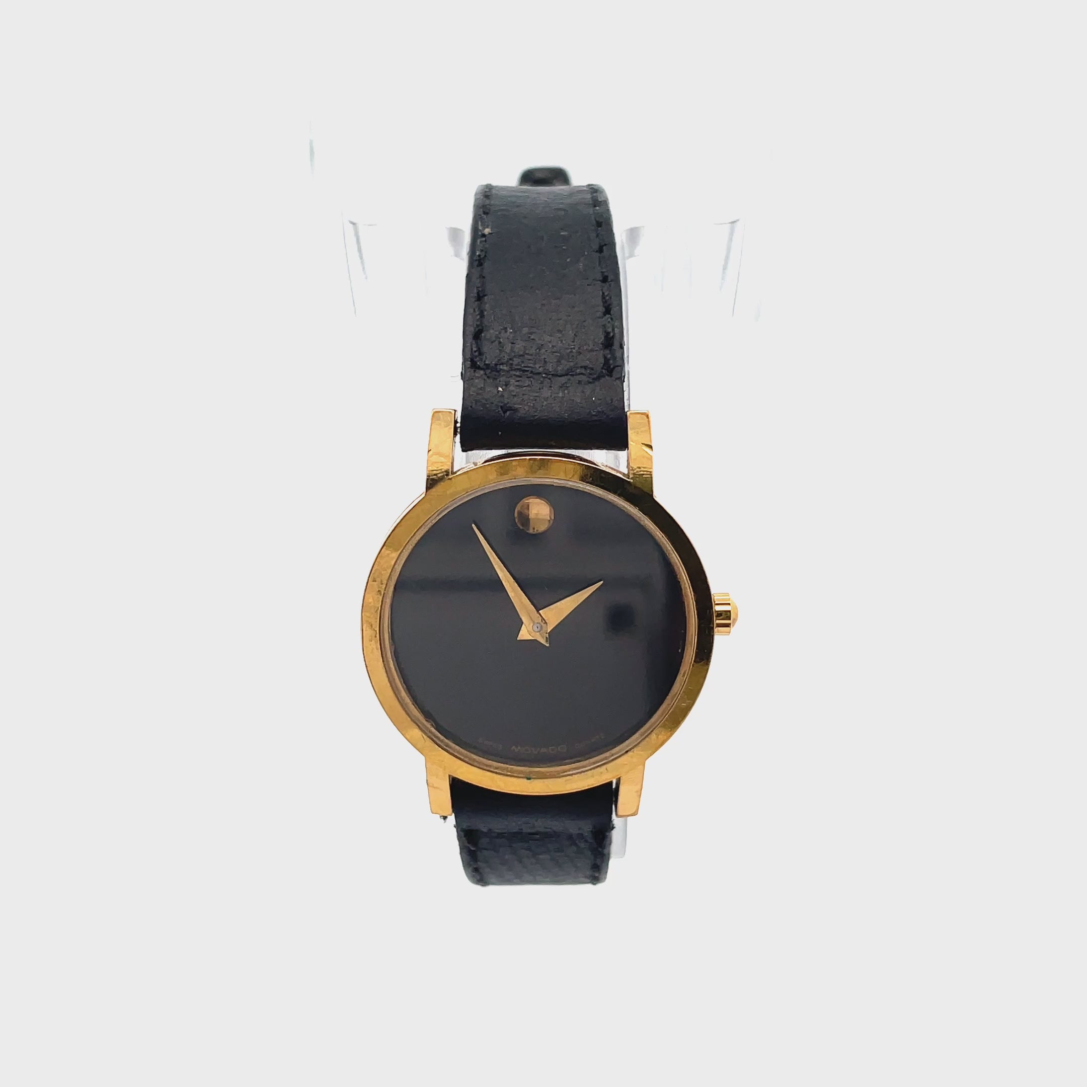Pre-owned Movado Stainless Steel 20mm Black Dial with Black Leather Band