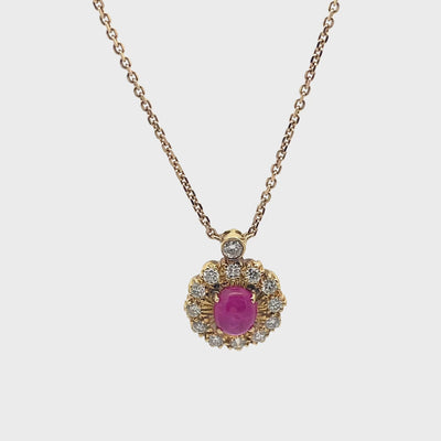 Vintage Oval Ruby Pendant in 18K Gold with Diamonds on a New Chain