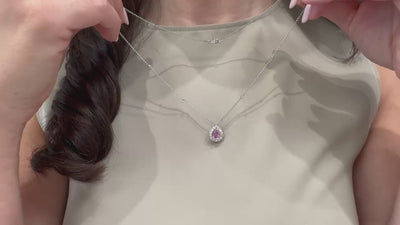 14K White Gold Pink Sapphire and Diamond Halo Necklace