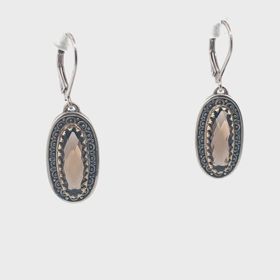 Sara Blaine Sterling Silver Drop Earrings with 18K Yellow Gold Accents and Oval Smoky Topaz