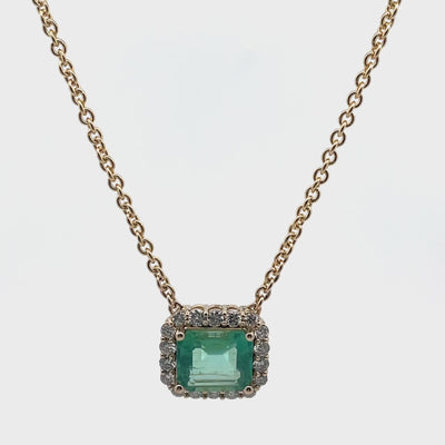GIA Certified Colombian Emerald and Round Diamond Halo Pendant Necklace in 14K Yellow Gold