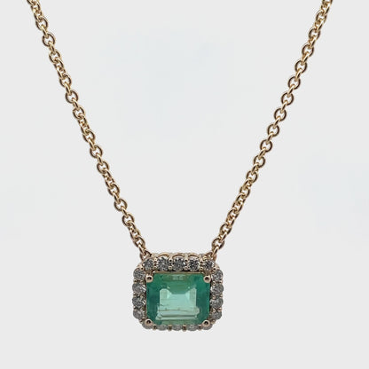 GIA Certified Colombian Emerald and Round Diamond Halo Pendant Necklace in 14K Yellow Gold