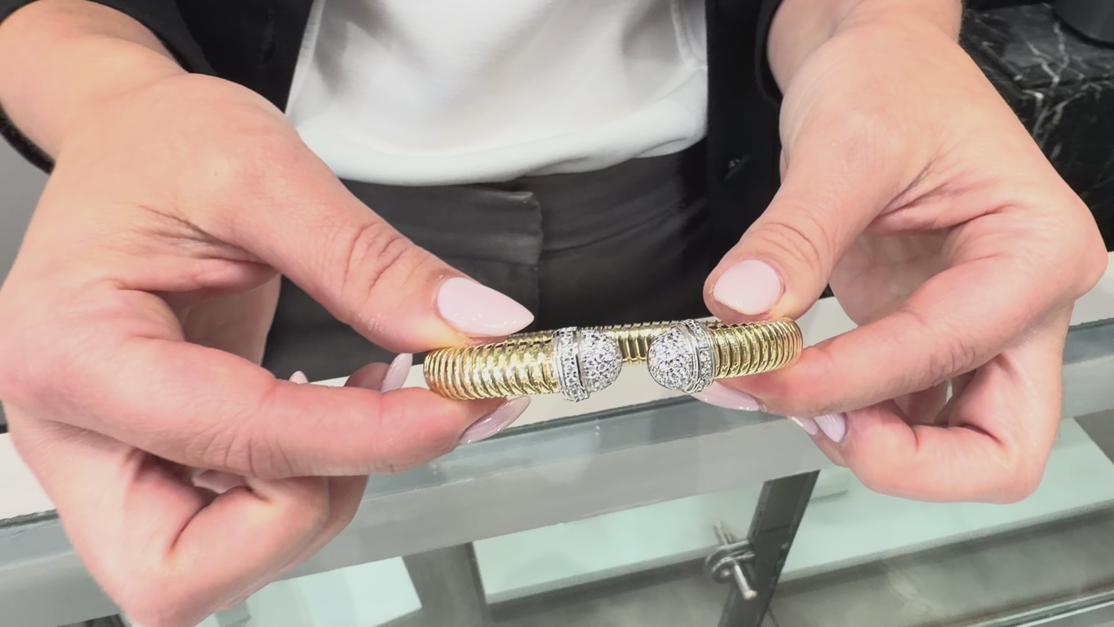 Load video: Marcello Pane BRFO 069 Sterling Silver Cuff Bangle Bracelet with Gold Overlay