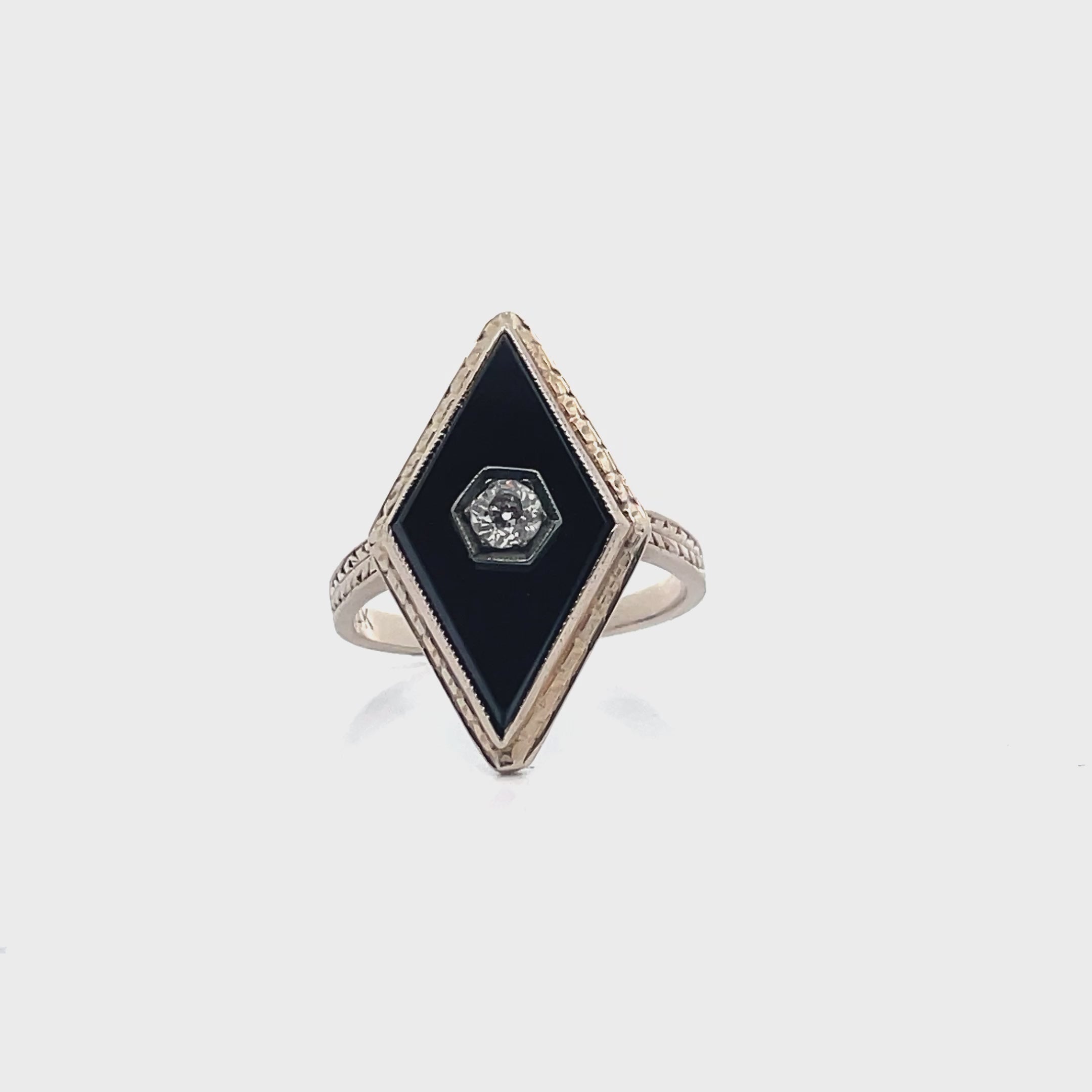 Vintage 14K White Gold, Art Deco Style, Elongated Black Onyx Ring with Round Diamond, Wheat Engraving Detail