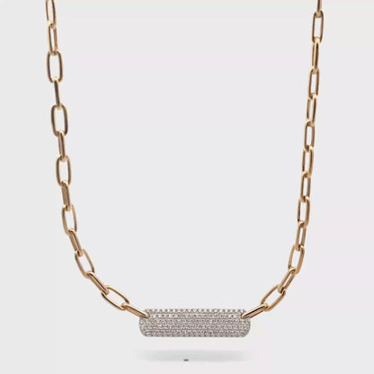 14K Yellow Gold Rounded Paperclip Chain & Diamond Bar Necklace