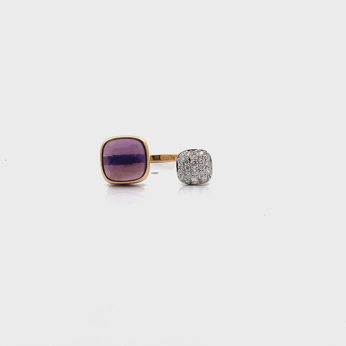 14K Two-Tone Gold Bypass Ring With Round Diamonds Totaling 0.22 Carats, One Amethyst 2.39 Carats