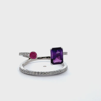 Amethyst & Ruby Asymmetric Bypass Ring in 14K White Gold with Diamonds