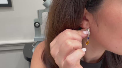 Drop Earrings 14K White Gold Pear Shaped Citrine, Oval Sapphires, Round Diamonds