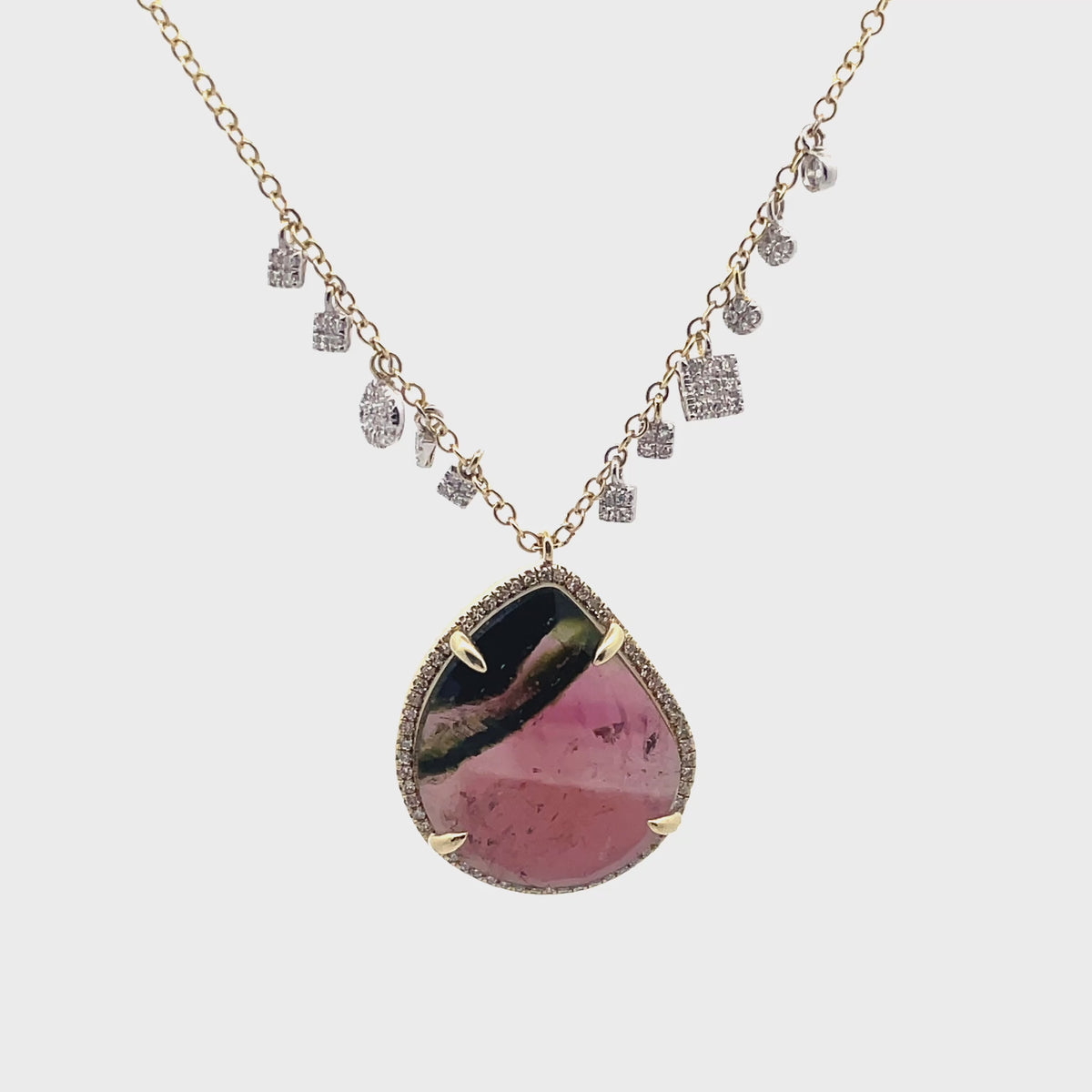 Meira T N16916/YW 14K Yellow Gold Diamond & Pear Shaped Watermelon Tourmaline Pendant Necklace